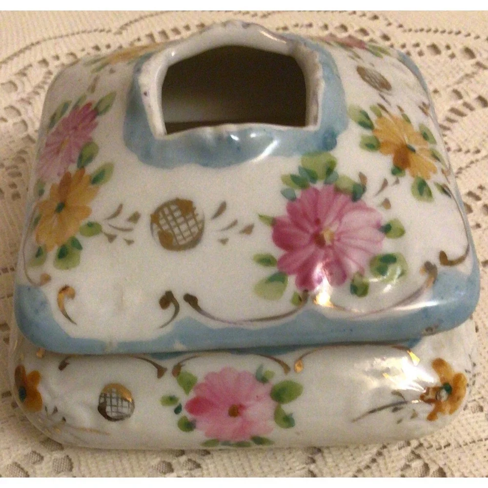 Vintage Hand-Painted Floral Porcelain Hair Receiver or TrinketBox